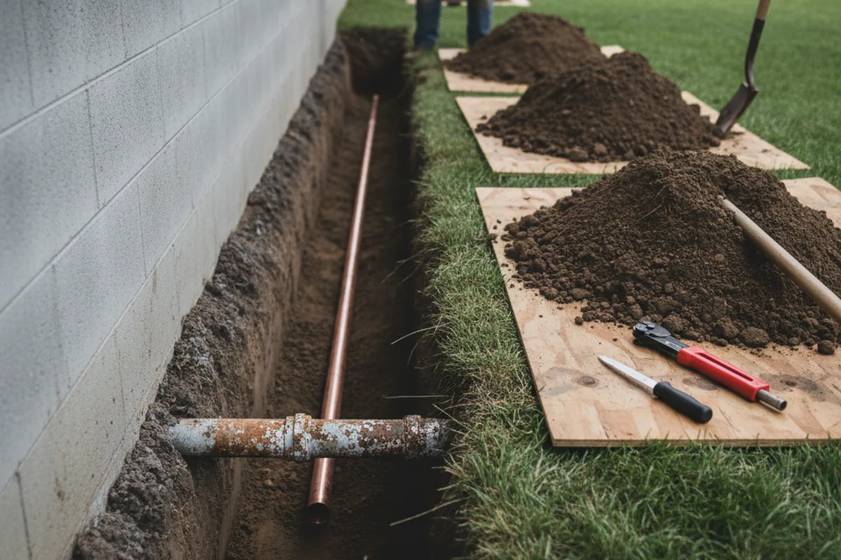 Excavated water line trench during Water Softener Installation in Carrollton